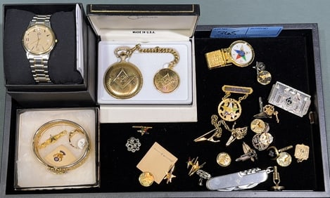 COLLECTION OF VARIOUS MASONIC WATCHES & JEWELRY