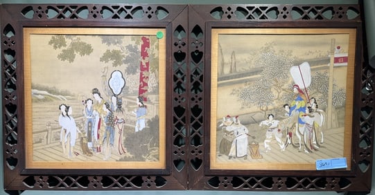 PAIR OF ORIENTAL PAINTINGS IN CARVED FRAMES