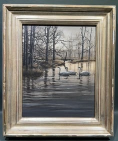 DONALD JORDAN WATERS OIL ON BOARD OF SWANS