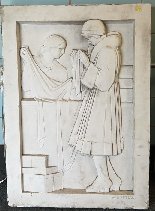 ALFRED ALPHONSE BATTIAU MARBLE RELIEF SCULPTURE: THIS SCULPTURE IS EXTREMELY HEAVY ~ WE WILL NOT HAVE SHIPPING THRU THE UPS FOR THIS ITEM ~ YOU MUST PICK THIS UP OR HAVE A PROFESSIONAL SHIPPER PICK UP ~ 32" X 45-1/2"