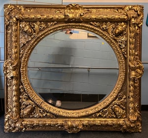 LARGE ANTIQUE CARVED GOLD MIRROR W/ WOMEN HEADS