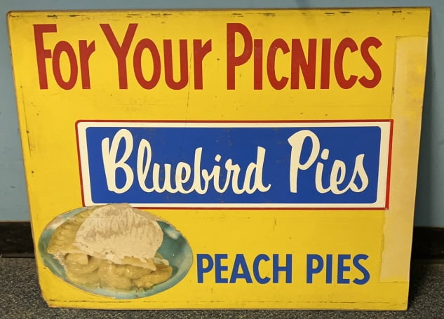 VINTAGE BLUEBIRD PIES ADVERTISING SIGN: 30-1/2" X 24"