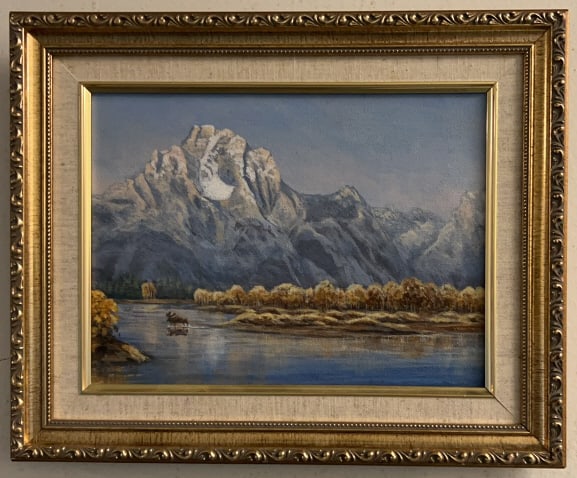 OIL ON CANVAS OF "MOOSE CROSSING TATAN PARK": 16" X 13"