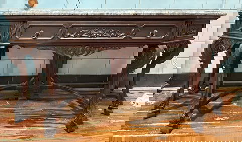 LARGE CARVED CONSOLE TABLE W/ MARBLE TOP