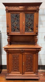 ANT. OAK CONTINENTAL BUFFET W/ STAINED GLASS DOORS