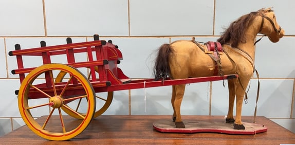 LARGE VINTAGE HORSE & WAGON PULL TOY