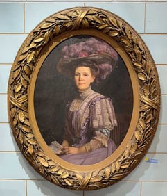 ANTIQUE OIL ON CANVAS PORTRAIT OF A WOMEN IN HEAVY