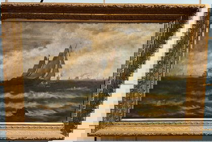ANTIQUE OIL ON CANVAS OF SAILING SHIPS