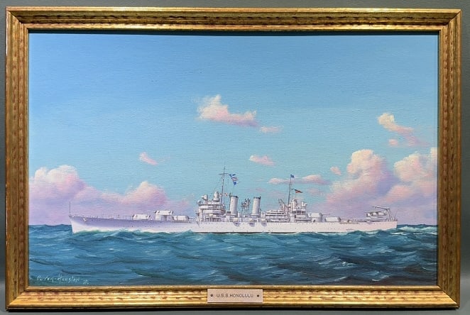 OLIVER HOUSTON OIL ON BOARD OF THE USS HONOLULU: THIS PAINTING CAME FROM THE FAMILTY OF CHIEF OF NAVAL OPERATIONS HAROLD STARK ~ 20-1/2" X 13-1/2"