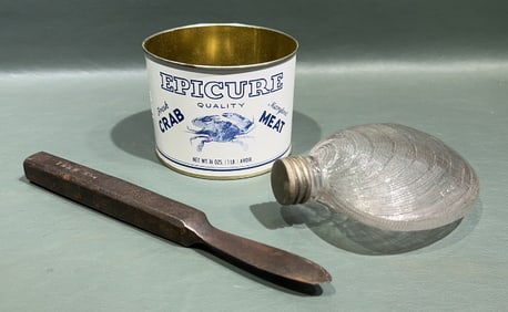 GLASS SHELL FLASK, TODD CO. OYSTER KNIFE, &