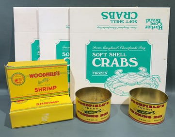 WOODFIELD'S HERRING ROE CAN, SHRIMP BOXES, &