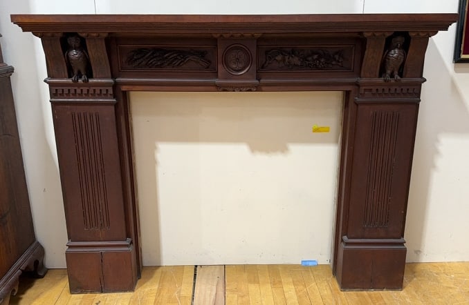 ANTIQUE CARVED WALNUT MANTEL & CARVED OWLS (1 of 7)