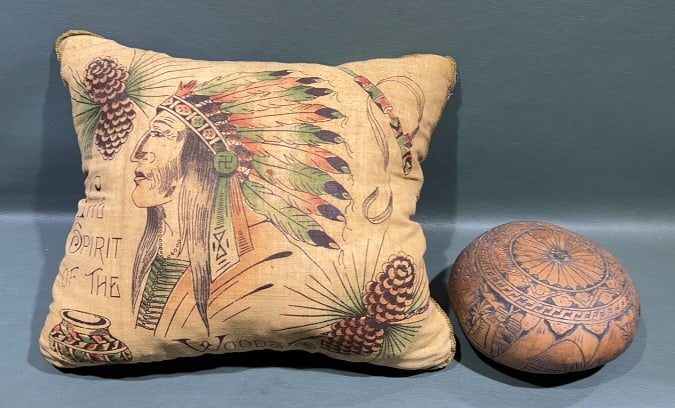 NATIVE AMERICAN PILLOW AND CARVED INSTRUMENT: PILLOW 12" X 12"