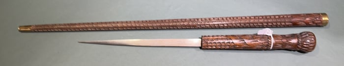 CARVED WOODEN SWORD CANE