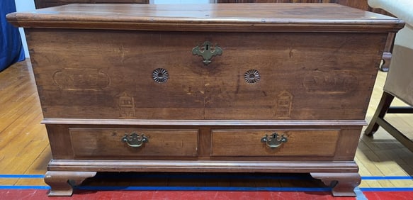 ANT. INLAID 1777 WALNUT CHIPPENDALE BLANKET CHEST
