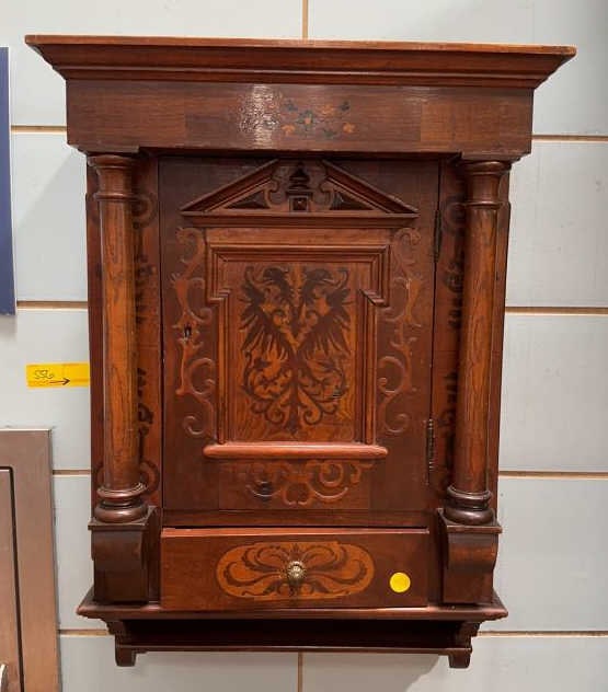 ANTIQUE INLAID & CARVED MAHOGANY HANGING CABINET (1 of 5)