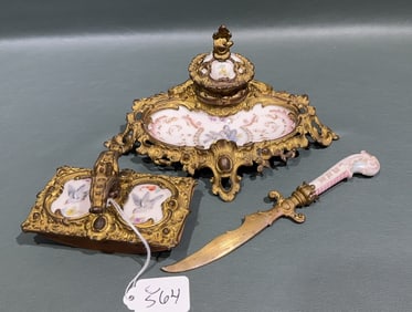 ANTIQUE HAND PAINTED PORCELAIN DESK SET