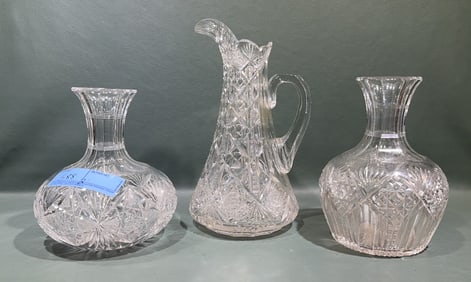 2 CUT GLASS BOTTLES / VASES & PITCHER