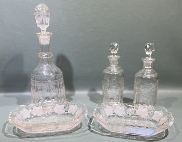 ETCHED GLASS DECANTER, BOTTLES, & BOWLS