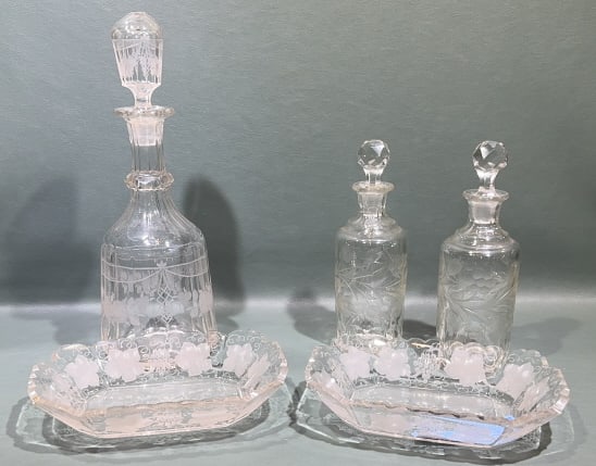 ETCHED GLASS DECANTER, BOTTLES, & BOWLS (1 of 5)