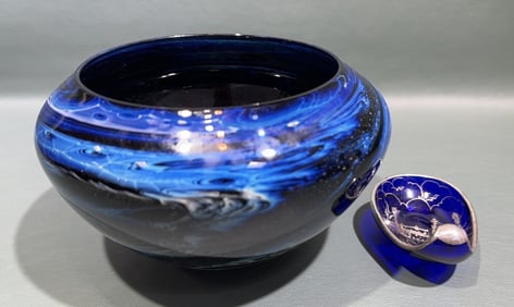 SIGNED ART GLASS BOWL & SILVER OVERLAY BOWL