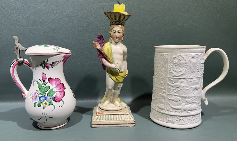 ANTIQUE STAFFORDSHIRE CANDLESTICK, PAINTED PITCHER: & MUG - 9"