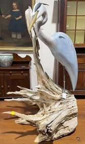 EDDIE WOZNY BLUE HERON DECOY ON DRIFTWOOD