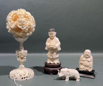 ANTIQUE CHINESE CARVED BONE PUZZLE BALL & 3 OTHERS