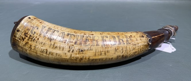 SCRIMSHAW DECORATED POWDER HORN