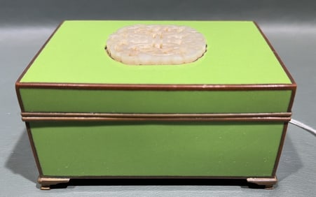 YAMANAKA GREEN ENAMEL BOX W/ CARVED JADE PLAQUE