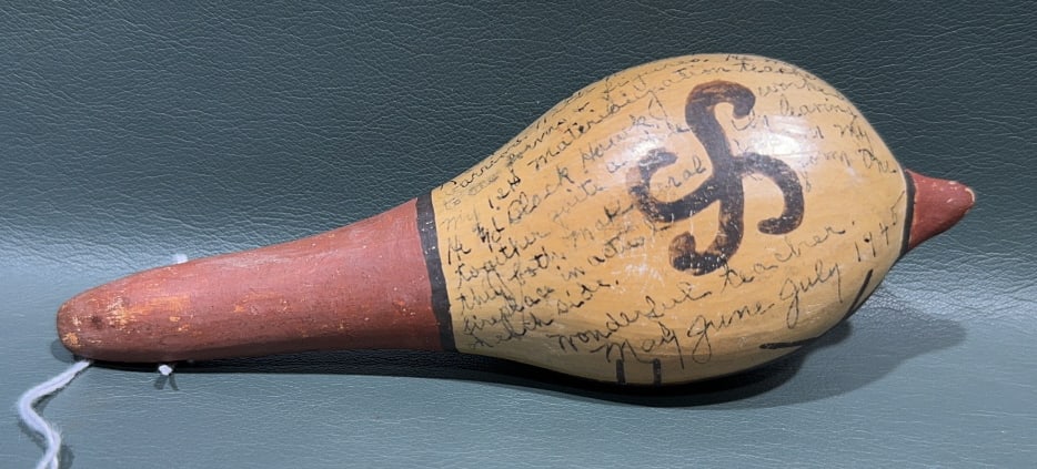 HOPI CLAY RATTLE W/ HAND INSCRIBED DEDICATION: 6-1/4" LONG