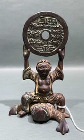 ANTIQUE CHINESE BRONZE FIGURE OF TOAD HOLDING COIN