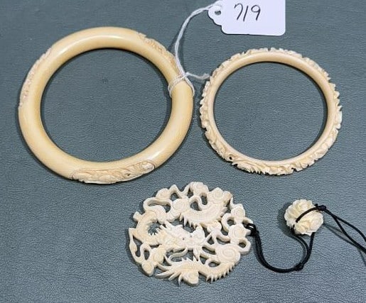 ANTIQUE CHINESE CARVED BONE JEWELRY: 2 BANGLES & DRAGON PENDANT PENDANT 2-1/2" LONG