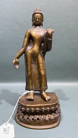 ANTIQUE BRONZE BUDDHA, INDIA ON BRONZE STAND