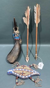 NATIVE AMERICAN BEADWORK FETISH, LADLE & 2 ARROWS