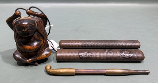 ANT. JAPANESE CARVED WOOD PIPE CASE & TOBACCO BOX
