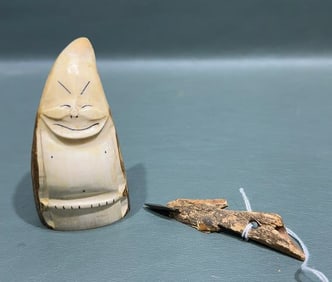 ANTIQUE CARVED BILLIKEN & ESKIMO HARPOON TIP