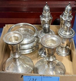 STERLING SHAKERS, CANDLESTICK, & COASTERS