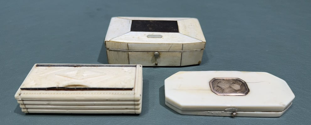 3 ANTIQUE BONE DRESSER BOXES (ONE W/ MORNING HAIR): 4"