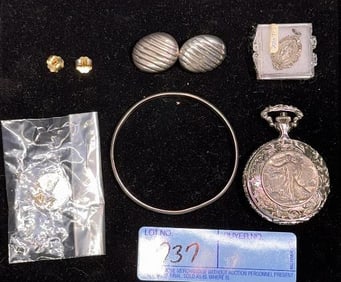 POCKET WATCH W/ SILVER COIN & SILVER JEWELRY LOT