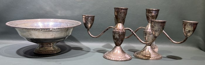 PAIR OF STERLING CANDELABRAS & STERLING BOWL
