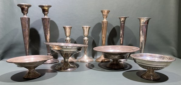 LARGE LOT OF STERLING WEIGHTED VASES, COMPOTES,