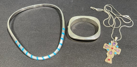 COLLECTION OF MEXICO STERLING & HARD STONE JEWELRY