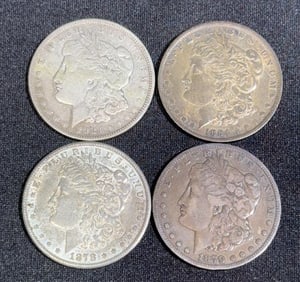 4 MORGAN SILVER DOLLARS W/ MINT MARKS