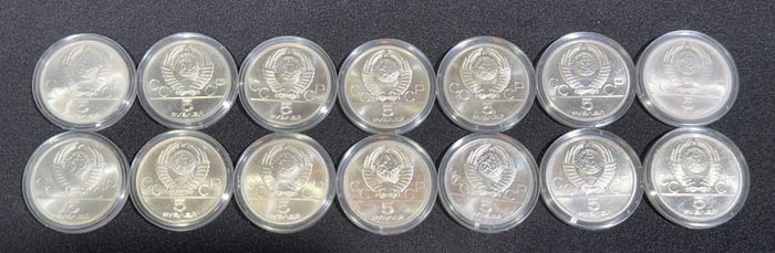 SET OF 14 RUSSIAN 5 RUBLES SILVER OLYMPIC COINS