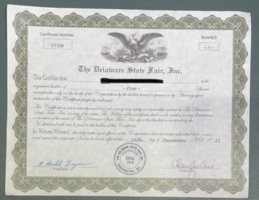 THE DELAWARE STATE FAIR ~ 1 STOCK SHARE