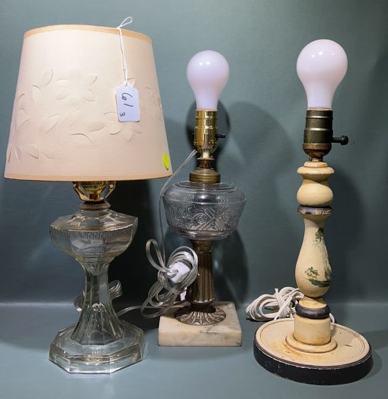 2 ANTIQUE OIL LAMPS & WOODEN PAINTED LAMP: 16" TALL