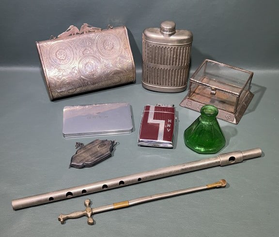 PURSE, FLUTE & FLASK LOT: 7" X 5"