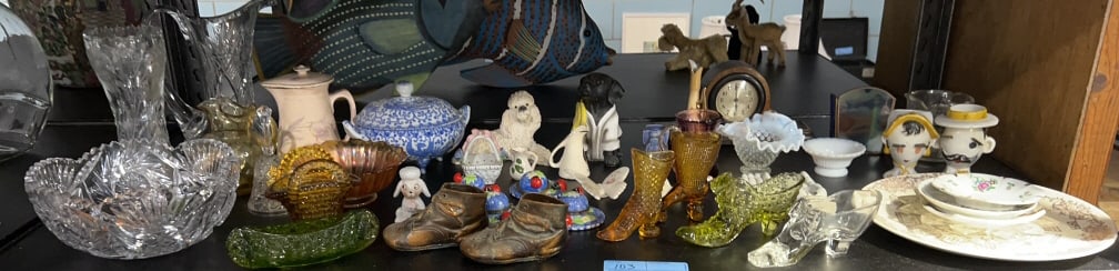 CUT GLASS & SHOE SHELF LOT: ~