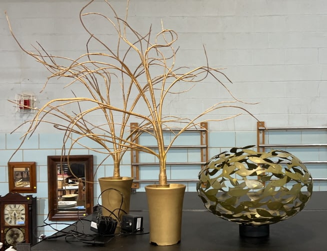2 GOLD TWIG TREES & METAL FISH BOWL: 11" X 15"